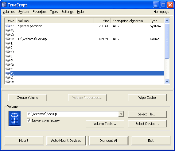 Интерфейс TrueCrypt