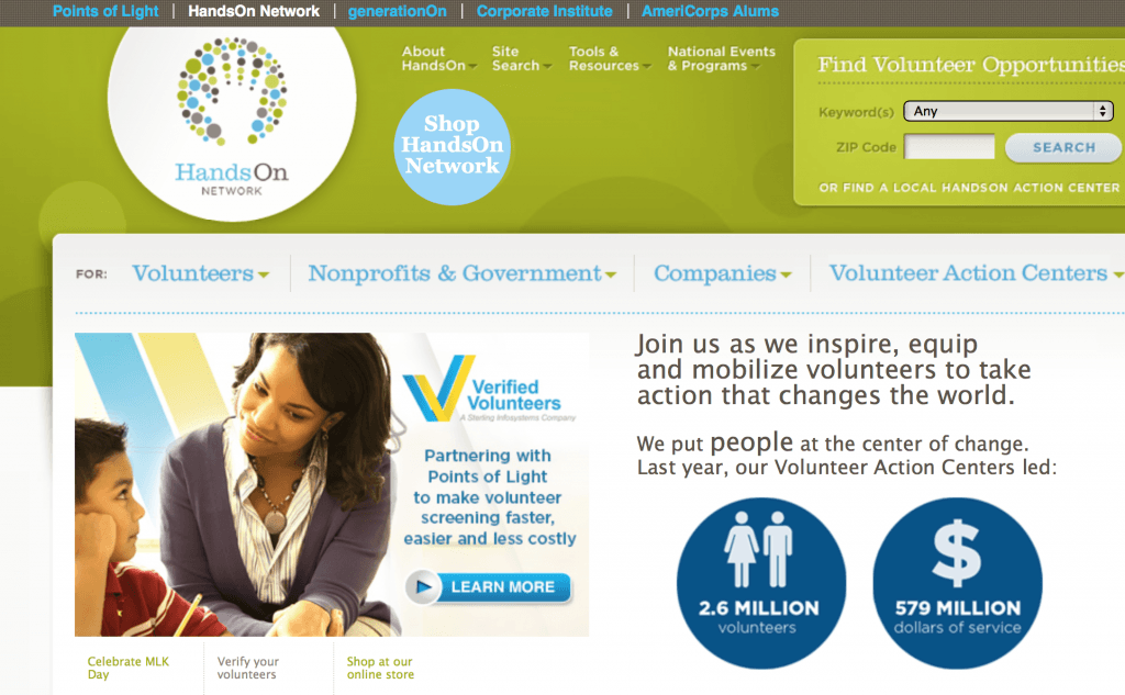 Интерфейс сайта HandsOn Network