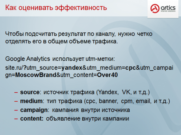 Использование utm-меток для рекламы. Слайд из презентации Кирилла Петровского