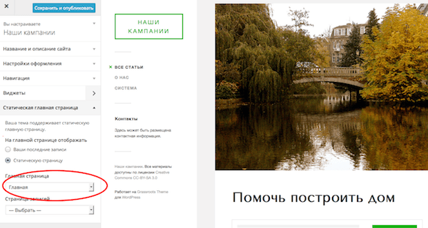 Экран настроек темы Grassroots - Секция настройки главной страницы