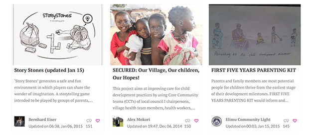 Идеи проектов второй темы Amplify. Изображение: openideo.com/challenge/zero-to-five/ideas