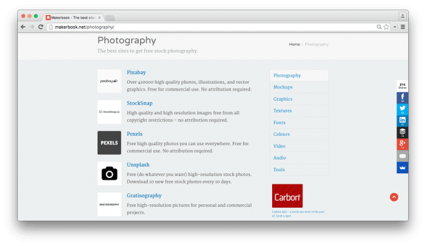 Фрагмент сайта Makerbook. Раздел с источниками бесплатных фотографий.