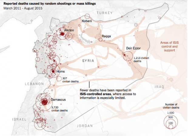 Зарегистрированные случаи смерти от случайных выстрелов и массовых убийств с марта 2011 года по август 2015 года.