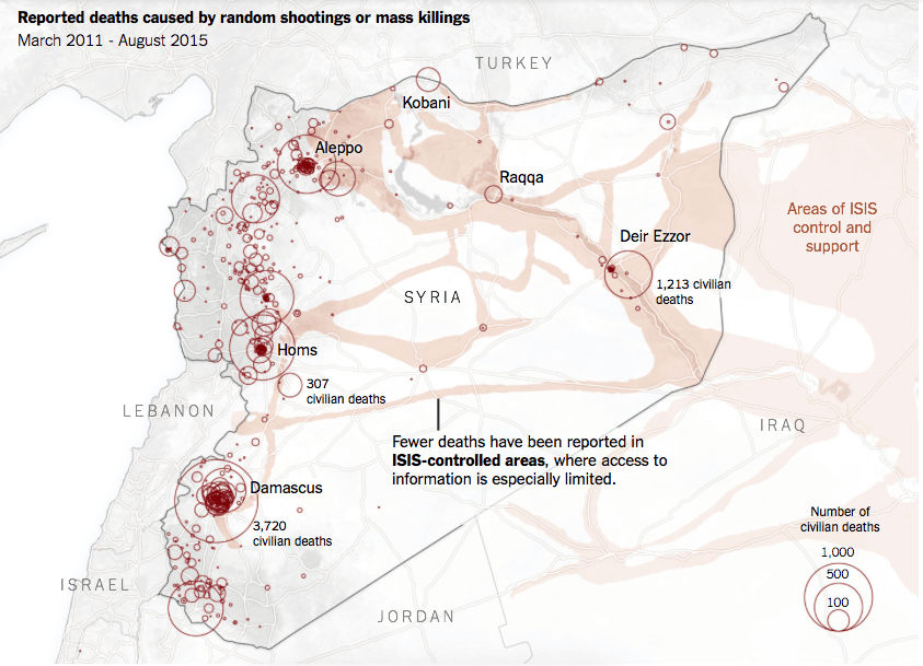 Зарегистрированные случаи смерти от случайных выстрелов и массовых убийств с марта 2011 года по август 2015 года.