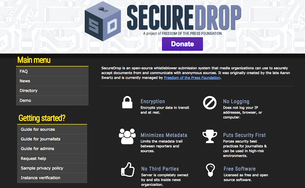 SecureDrop – плФонд свободы прессы оказывает помощь организациям в установке и использовании SecureDrop, чтобы обучить журналистов максимально защитить источники передаваемой им информации. Фрагмент сайта SecureDrop.атформа для безопасной коммуникации с журналистами и правозащитниками