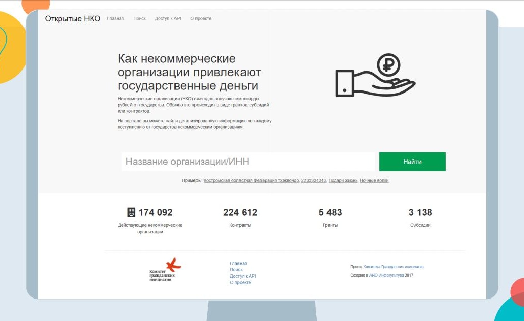 В России появился портал, на котором можно найти информацию о деятельности, устройстве и финансировании некоммерческих организаций. Изображение: скриншот из презентации Ивана Бегтина о проекте "Открытые НКО".