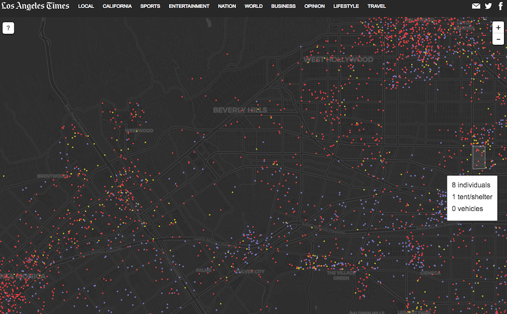 Как использовать? По оценкам парламентариев в России насчитывается от 3 до 5 млн бездомных. Используя открытые и доступные данные, вы можете запустить аналогичный проект в вашем городе. Фото: фрагмент проекта Where are L.A. County’s Homeless?