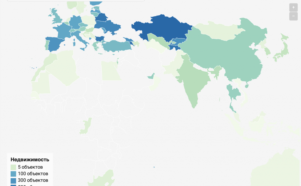 Карта недвижимости российских должностных лиц за рубежом, подготовленная в декабре 2019 года проектом Декларатор.