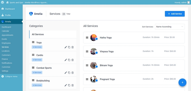 Окно раздела “Услуги”. Слева видны категории, справа - перечень всех услуг. Скриншот настроек плагина