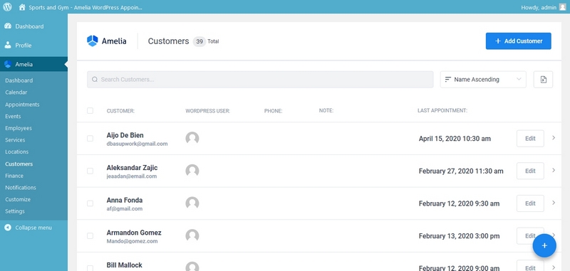 Окно раздела “Клиенты”. Перечень всех людей, что записывались через форму бронирования. Скриншот настроек плагина