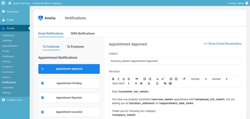 Раздел “Уведомления”. Настраиваются как письма о разных статусах бронирования, так и SMS уведомления (подключаются отдельным сервисом на сайте плагина) Скриншот настроек плагина
