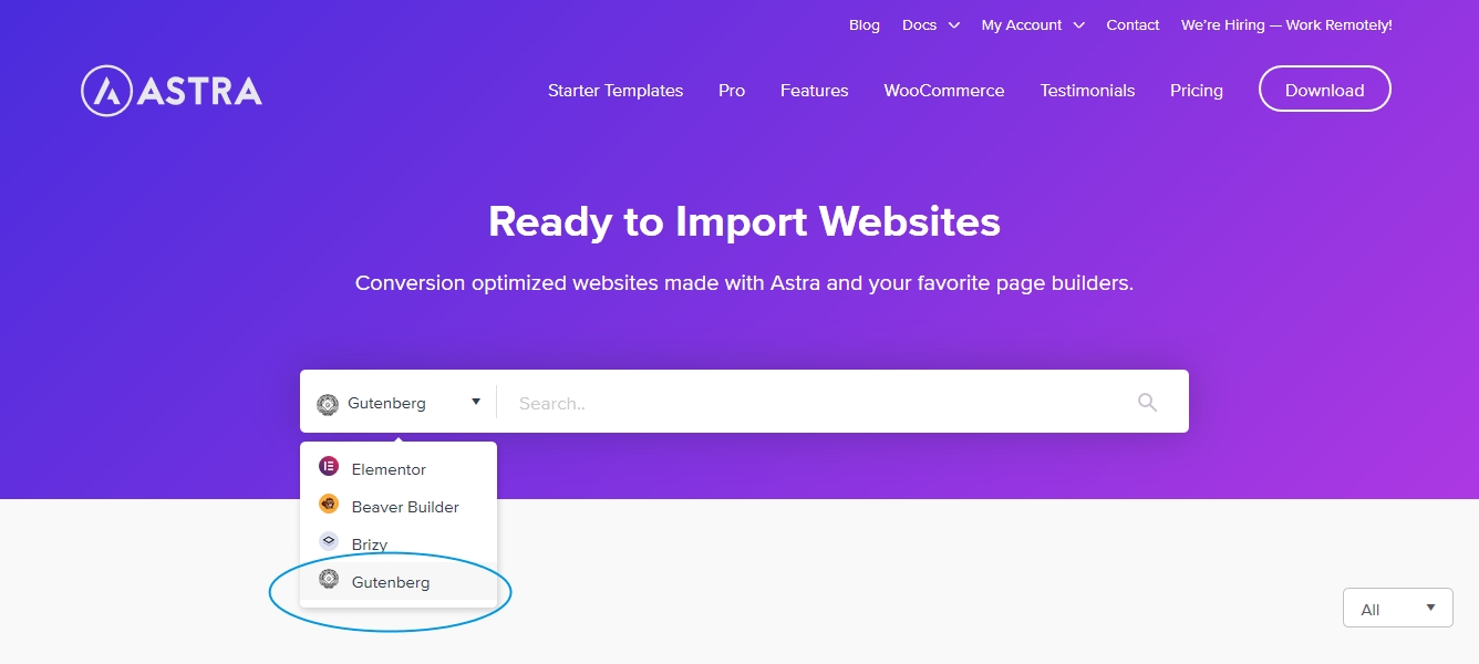 Страница выбор стартовых шаблонов для темы Astra. Скриншот сайта Astra