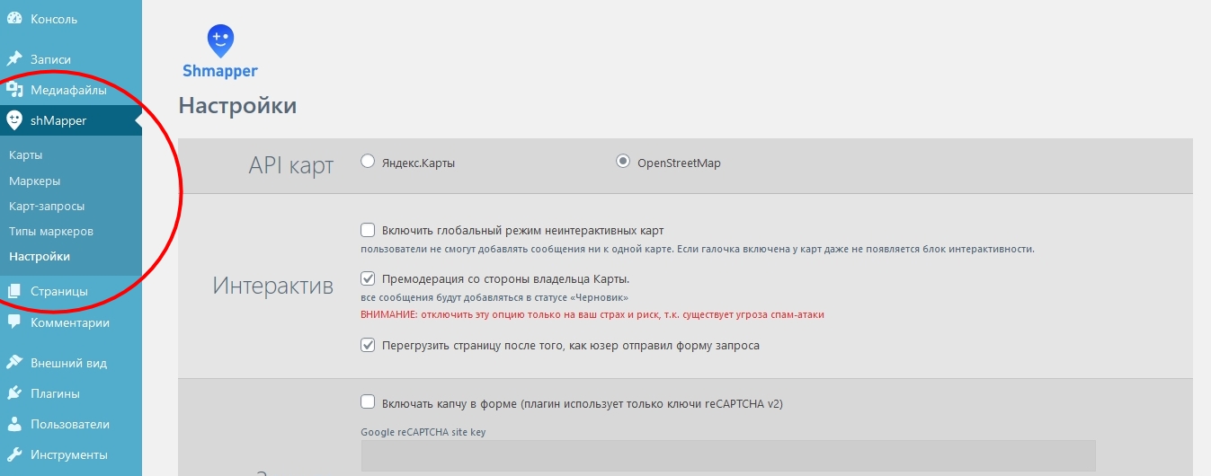 Настройка плагина shMapper. Скриншот страницы настроек в консоли управления сайтом
