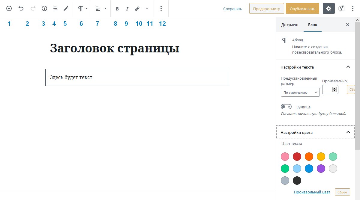 Интерфейс блочного редактора Gutenberg. Скриншот новой страницы в консоли WordPress