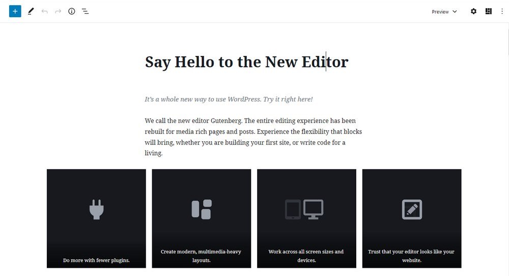 Блочный редактор можно протестировать и не имя своего сайта на WordPress. Скриншот сайта редактора Gutenberg