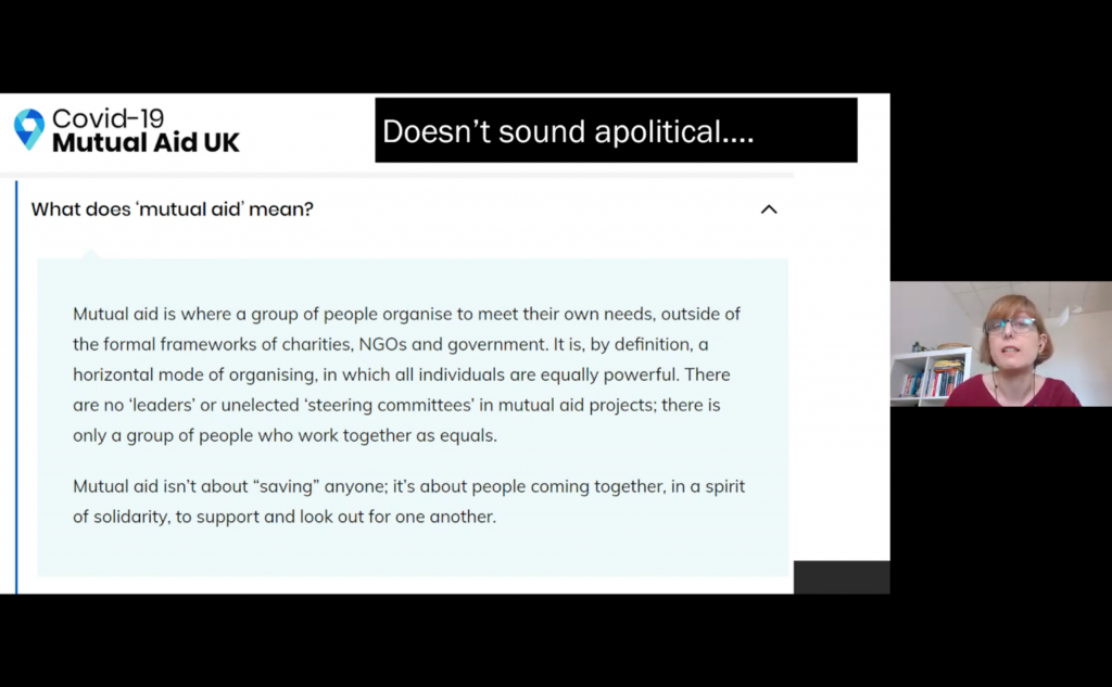 Как активисты самоорганизуются онлайн в ответ на пандемию. Скриншот с вебинара Центра цифровых культур Королевского колледжа в Лондоне.