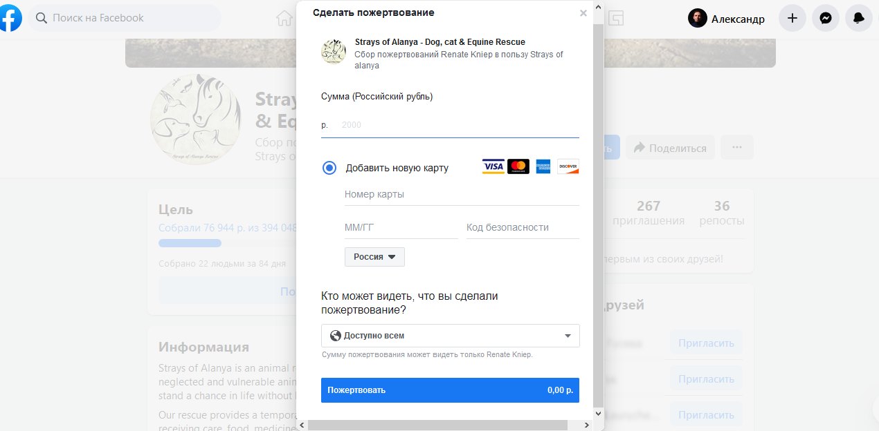 Окно совершения пожертвования на странице кампании