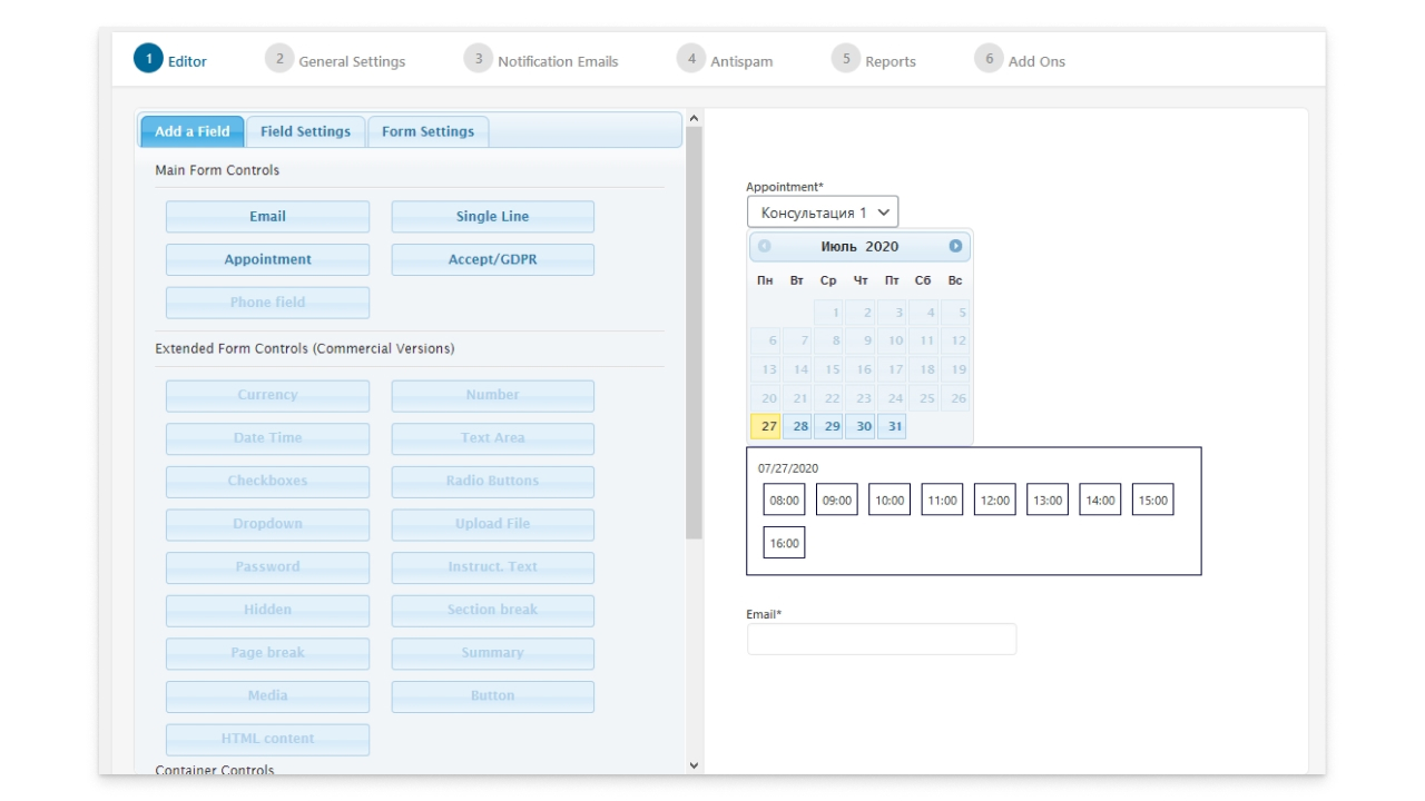 Скриншот окна настроек формы бронирования плагина Appointment Hour Booking