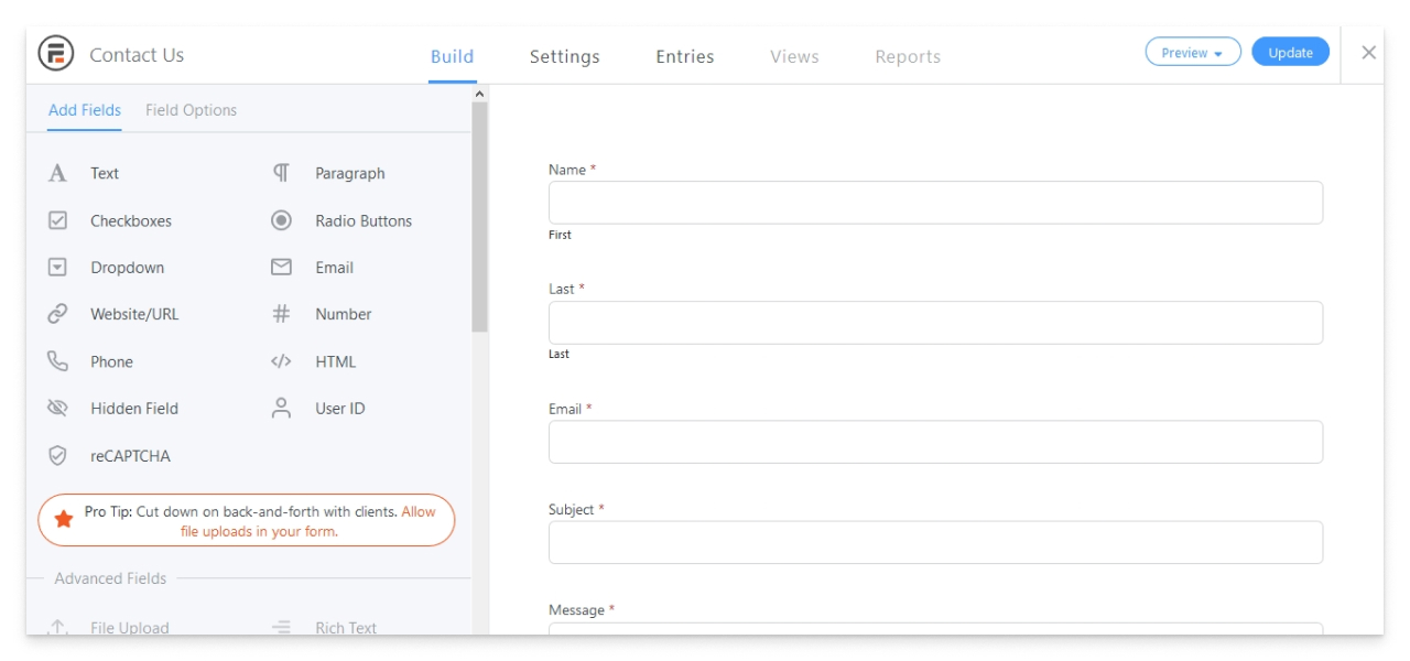 Набор полей для создания контактных форм в плагине Formidable Form Builder