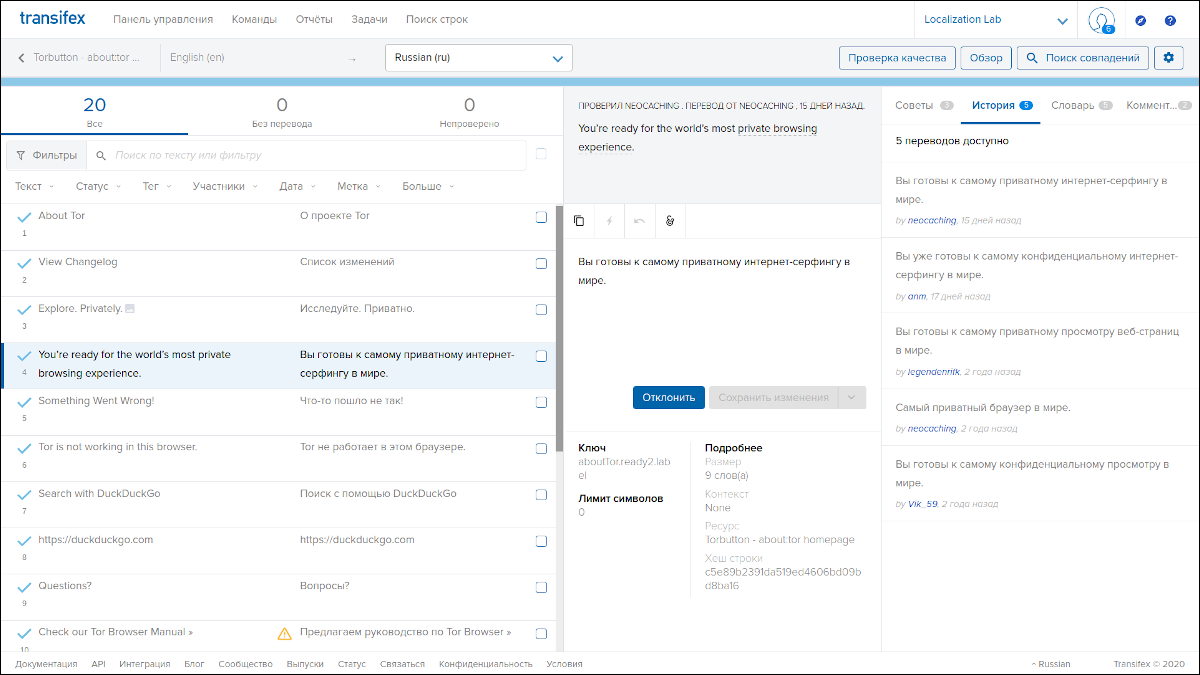 Скриншот интерфейса Transifex.