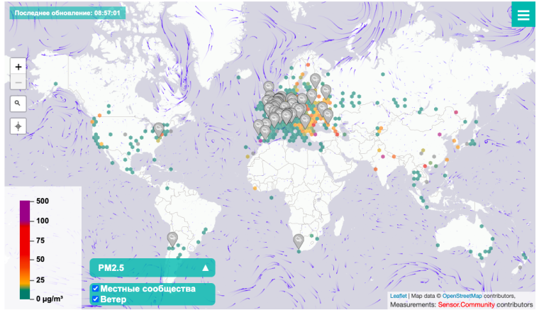 Карта датчиков Luftdaten.