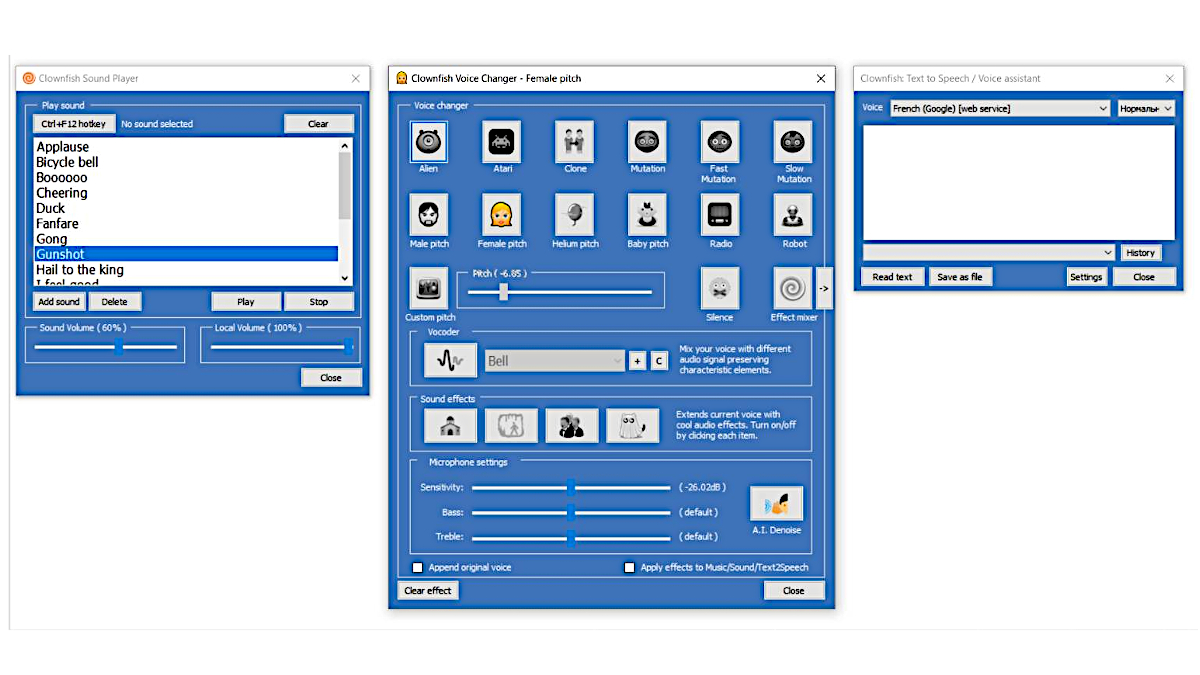 Окна программы Clownfish Voice Changer