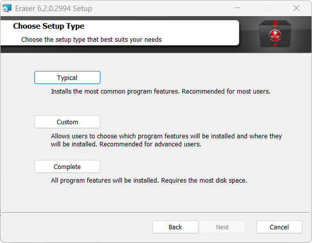 Выбор типа установки Eraser